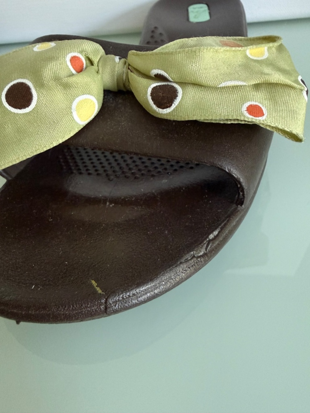 Okabashi Brown Slide Sandals Green Bow Polka Dot Open Toe Slip On Size M - Picture 13 of 14
